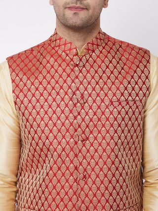 VM BY VASTRAMAY Men's Gold Silk Blend Kurta And Dhoti With Maroon Woven Nehru Jacket