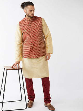 VM BY VASTRAMAY Men's  Maroon Silk Blend Ethnic Jacket, Gold Kurta and Maroon Pyjama Set