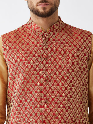 VM BY VASTRAMAY Men's Rose Gold Silk Blend Kurta And Dhoti With Maroon Woven Nehru Jacket