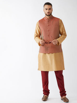 VM BY VASTRAMAY Men's Maroon Silk Blend Ethnic Jacket, Rose Gold Kurta and Maroon Pyjama Set