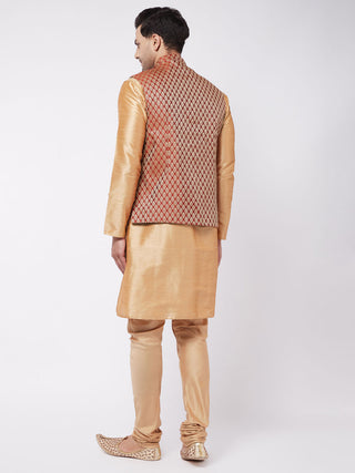 VM BY VASTRAMAY Men's Rose Gold Silk Blend Kurta And Pyjama With Maroon Woven Nehru Jacket