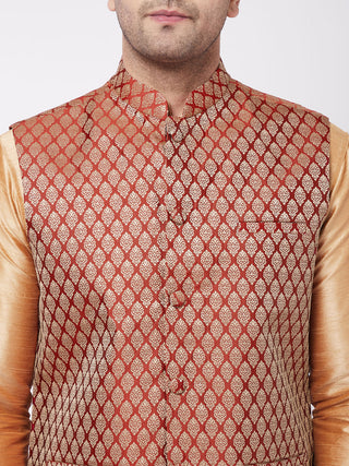 VM BY VASTRAMAY Men's Rose Gold Silk Blend Kurta And Pyjama With Maroon Woven Nehru Jacket