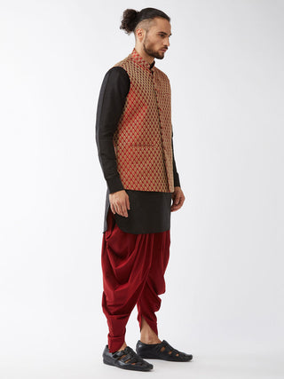 VM By VASTRAMAY Men's Maroon Banarasi Jacket With Black Silk Kurta and Dhoti Set