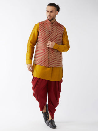 VM By VASTRAMAY Men's Maroon Banarasi Jacket With Mustard Silk Kurta and Dhoti Set