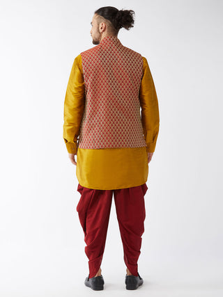 VM By VASTRAMAY Men's Maroon Banarasi Jacket With Mustard Silk Kurta and Dhoti Set