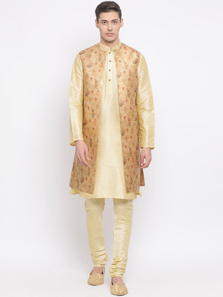 VASTRAMAY Men's Golden Silk Blend Jacket, Kurta and Pyjama Set