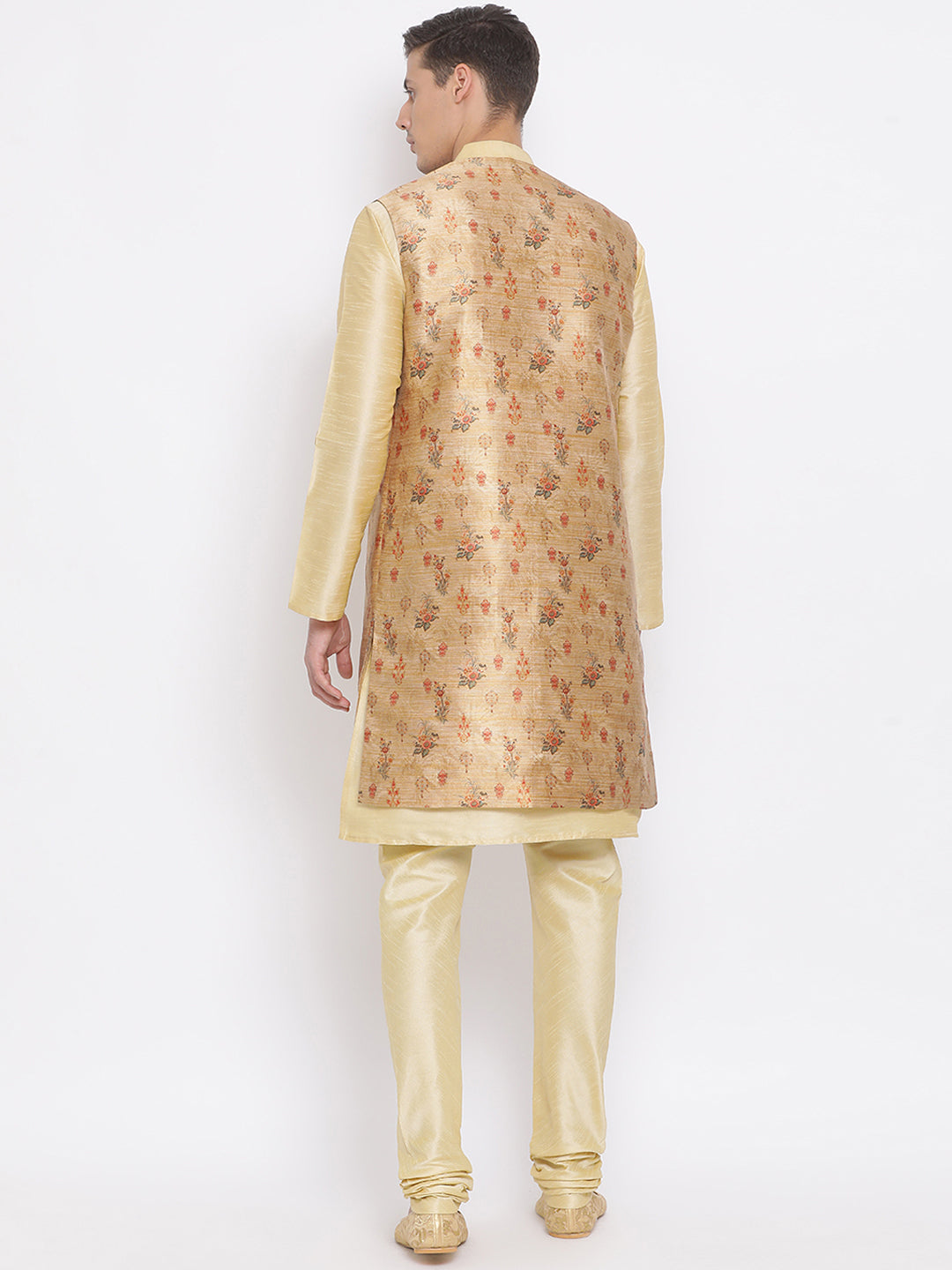 Golden Art Silk Kurta Pajama With Jacket 275143