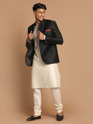 VASTRAMAY  Men's Black Silk Blend Jodhpuri With Cream Viscose Rayon Kurta Pyjama Set
