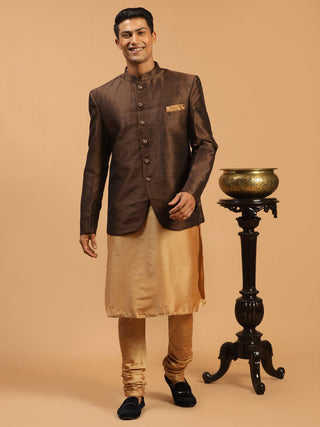 VASTRAMAY Men's Coffee Silk Blend Jodhpuri With Rose Gold Viscose Kurta Pyjama Set