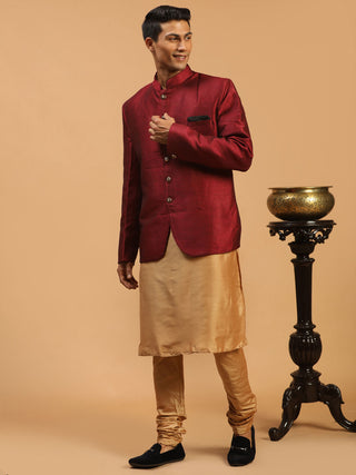 VASTRAMAY Men's Maroon Silk Blend Jodhpuri With Rose Gold Viscose Kurta Pyjama Set