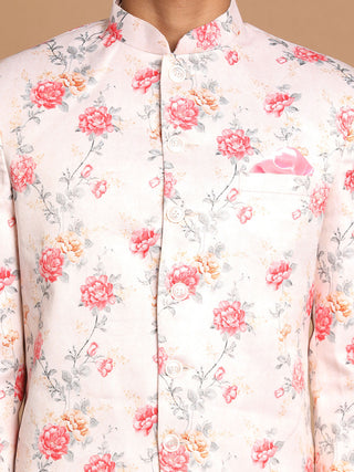 VASTRAMAY Men's Peach Floral Print Jodhpuri With Cream Solid Kurta And Pyjama Set.