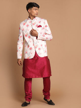 VASTRAMAY Men's  Peach Silk Blend Jodhpuri With Purple Cotton Silk Blend Kurta and Pyjama Set