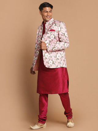 VASTRAMAY Men's Pink Silk Blend Jodhpuri With Purple Cotton Silk Blend Kurta and Pyjama Set