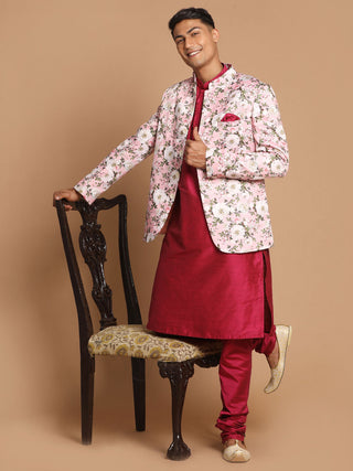 VASTRAMAY Men's Pink Silk Blend Jodhpuri With Purple Cotton Silk Blend Kurta and Pyjama Set