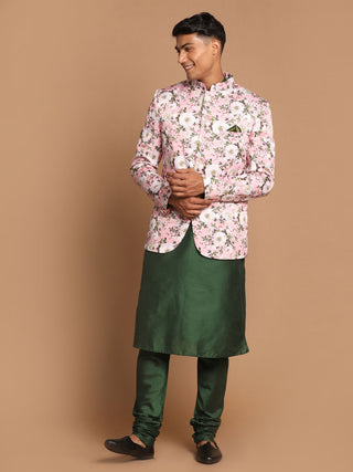VASTRAMAY Men's Pink Silk Blend Jodhpuri With Green Kurta and Pyjama Set