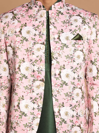 VASTRAMAY Men's Pink Silk Blend Jodhpuri With Green Kurta and Pyjama Set