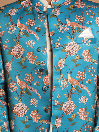 VASTRAMAY Baap Beta Turquoise Floral Print Jodhpuri With Cream Solid Kurta And Pyjama Set.