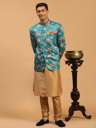 VASTRAMAY Men's Turquoise Silk Blend Jodhpuri With Rose Gold Viscose Kurta Pyjama Set