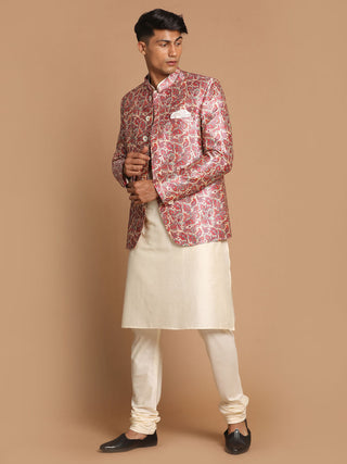 VASTRAMAY Men's Pink Silk Blend Lavanya Print Jodhpuri With Cream Viscose Rayon Kurta Pyjama Set