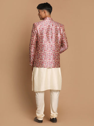 VASTRAMAY Men's Pink Silk Blend Lavanya Print Jodhpuri With Cream Viscose Rayon Kurta Pyjama Set