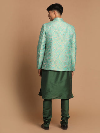 VASTRAMAY Men's Green Woven Design Jodhpuri And Dark Green Solid Kurta Pyjama Set