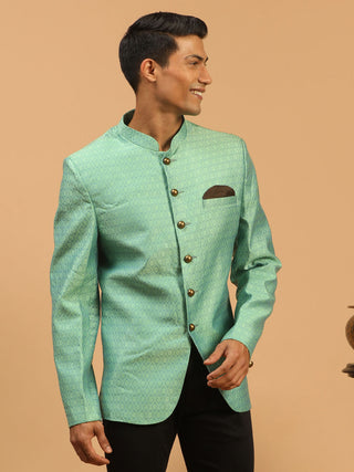 VASTRAMAY Men's Green Silk Blend Woven Jodhpuri