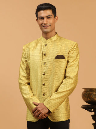 VASTRAMAY Men's Yellow Silk Blend Woven Jodhpuri