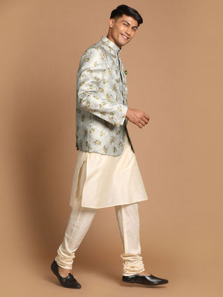 VASTRAMAY Men's Green Woven Design Jodhpuri And Cream Kurta Pyjama Set
