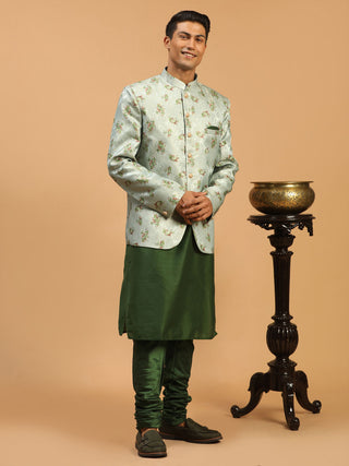VASTRAMAY Men's Green Woven Design Jodhpuri And Green Kurta Pyjama Set