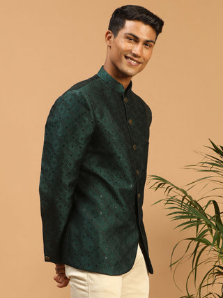 VASTRAMAY Men's Green Silk Blend Jaccard Jodhpuri