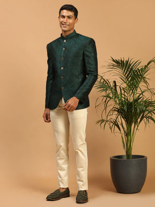 VASTRAMAY Men's Green Silk Blend Jaccard Jodhpuri