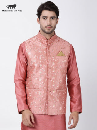 Men's Pink Cotton Silk Blend Ethnic Jacket