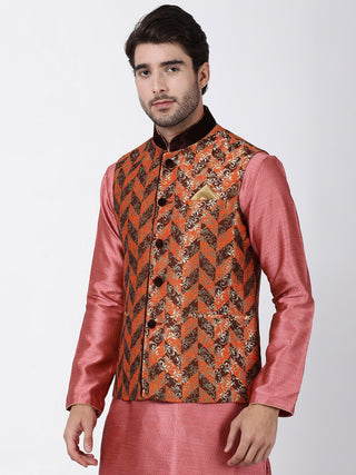 Men's Orange Cotton Silk Blend Ethnic Jacket