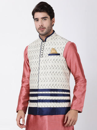 Men's White Cotton Silk Blend Ethnic Jacket