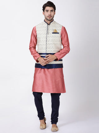 VASTRAMAY Men's White Cotton Silk Blend Ethnic Jacket
