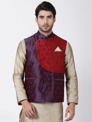 Men's Dark Blue Cotton Silk Blend Ethnic Jacket