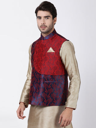 Men's Dark Blue Cotton Silk Blend Ethnic Jacket