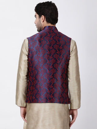 Men's Dark Blue Cotton Silk Blend Ethnic Jacket