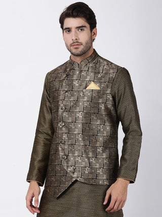VASTRAMAY Men's Black and Golden Cotton Silk Blend Ethnic Jacket