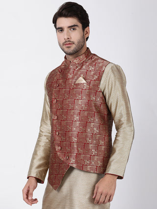 VASTRAMAY Men's Maroon Cotton Silk Blend Ethnic Jacket