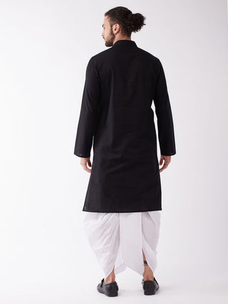 VASTRAMAY Men's Black Cotton Blend Kurta And White Dhoti Set