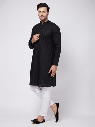 VASTRAMAY Men's Black Solid Cotton Blend Kurta & White Pyjama Set