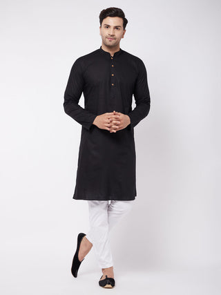 VASTRAMAY Men's Black Solid Cotton Blend Kurta & White Solid Cotton Pant Set