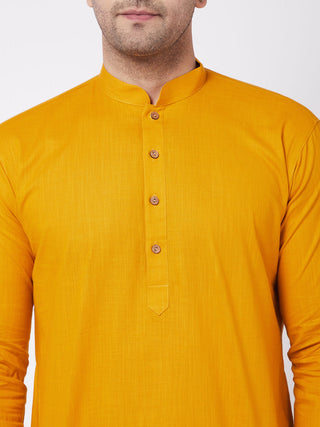 VASTRAMAY Men's Mustard And White Solid Cotton Blend Kurta With Cotton Pant set