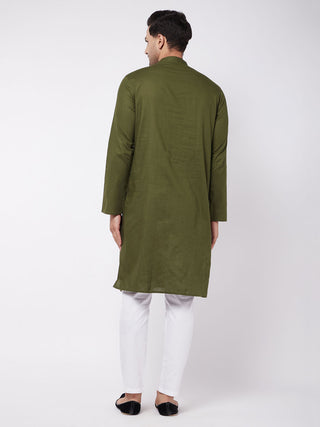 VASTRAMAY Men's Mehendi Green Solid Cotton Blend Kurta And White  Pyjama Set