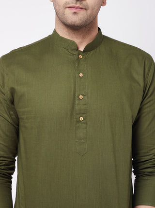 VASTRAMAY Men's Mehendi Green Solid Cotton Blend Kurta And White  Pyjama Set