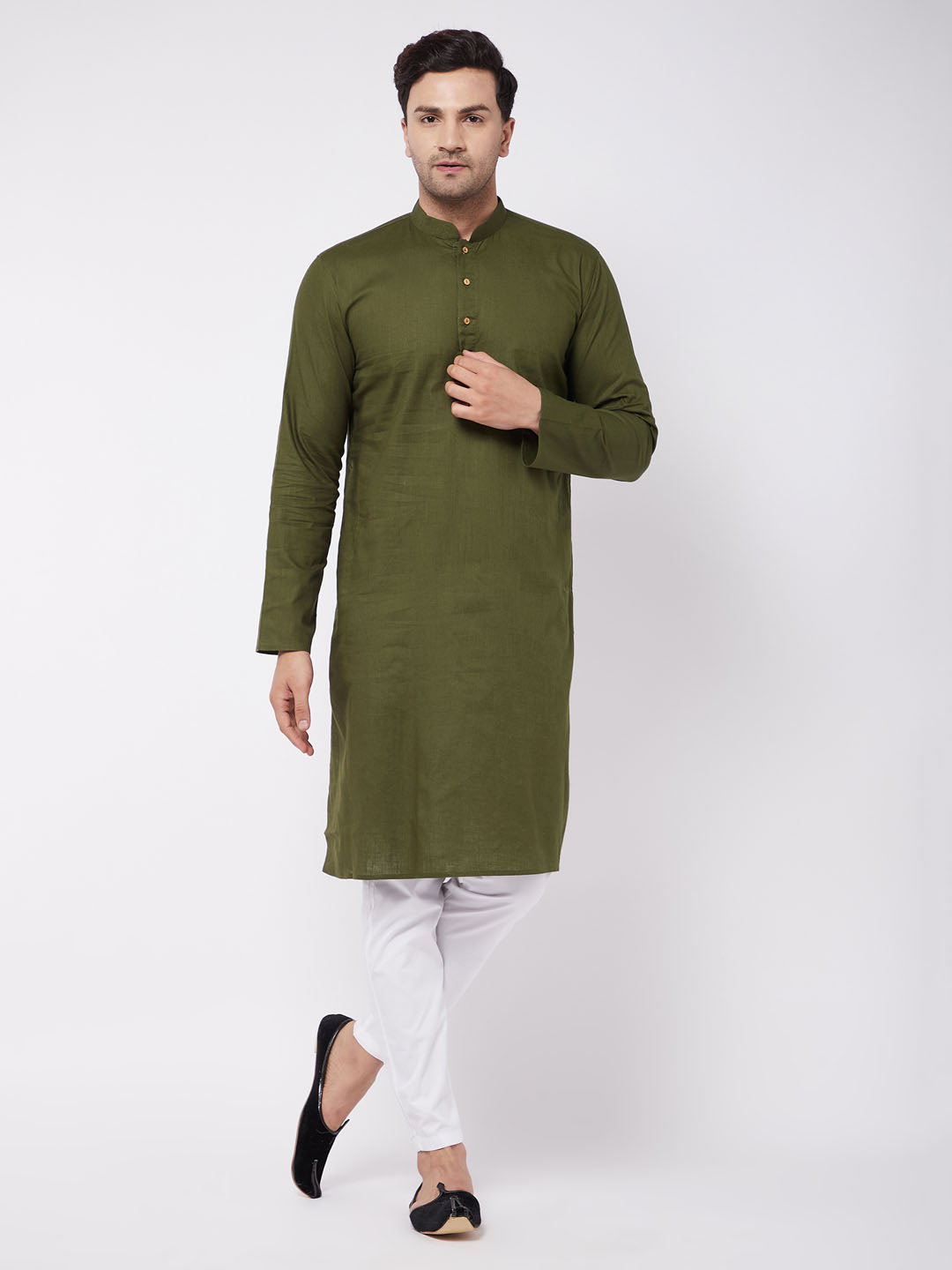 men's mehendi green cotton blend kurta with white cotton pant set for traditional occasions