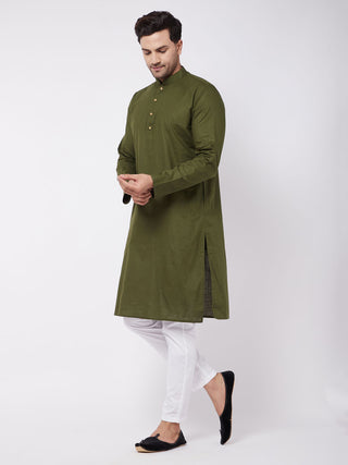 VASTRAMAY Men's Mehendi Green Solid Cotton Blend Kurta And White Cotton Pant Set