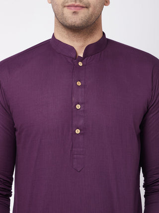 VASTRAMAY Men's Purple Solid Cotton Blend Kurta And White Cotton Pant Set