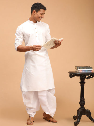 VASTRAMAY Men's White Cotton Kurta With White Solid Dhoti Set